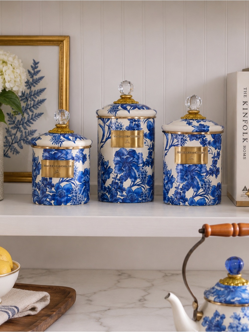 MacKenzie-Child Royal English Canister Blue and White 3pc Set New NIB
